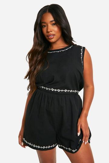 Plus Embroidered Linen Look Playsuit black