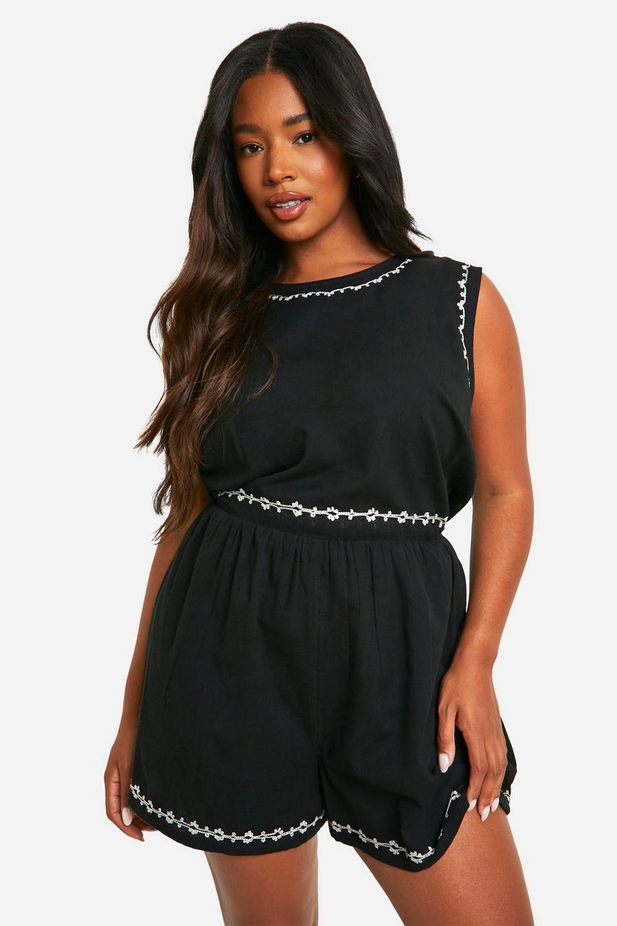 Black Plus Embroidered Linen Playsuit  image number 1