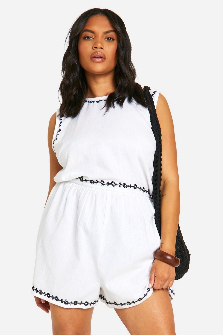 White Plus Embroidered Linen Playsuit