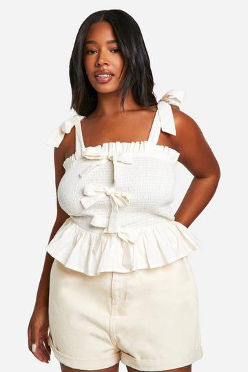 Plus Cotton Shirred Bow Crop Top cream