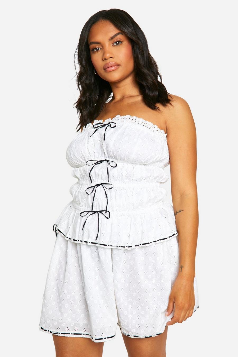 White Plus Eyelet Contrast Bow Ruched Bandeau
