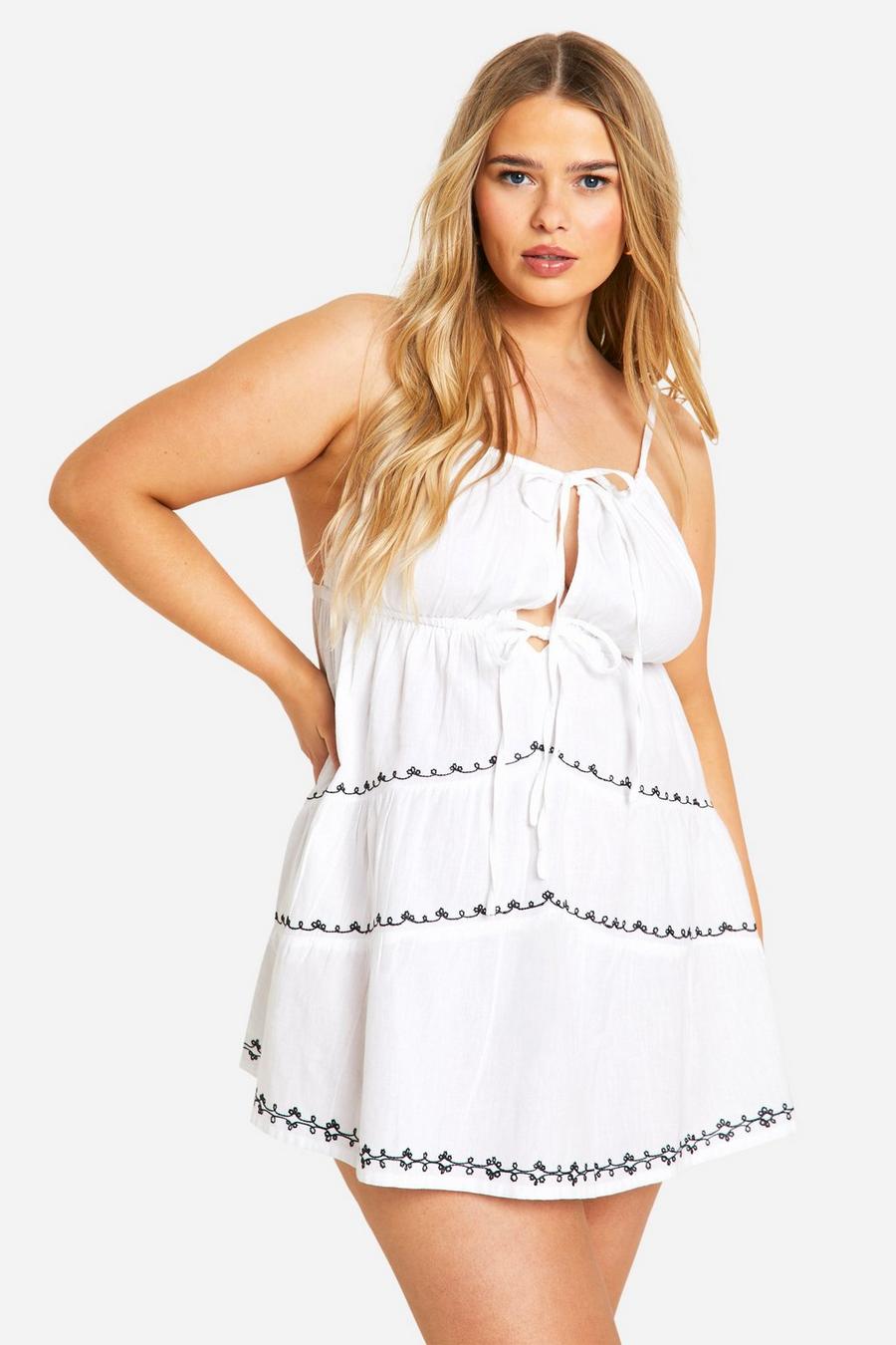 White Plus Embroidered Linen Tiered Halter Mini Dress image number 1