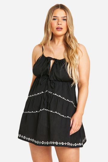 Black Plus Embroidered Linen Tiered Halter Mini Dress