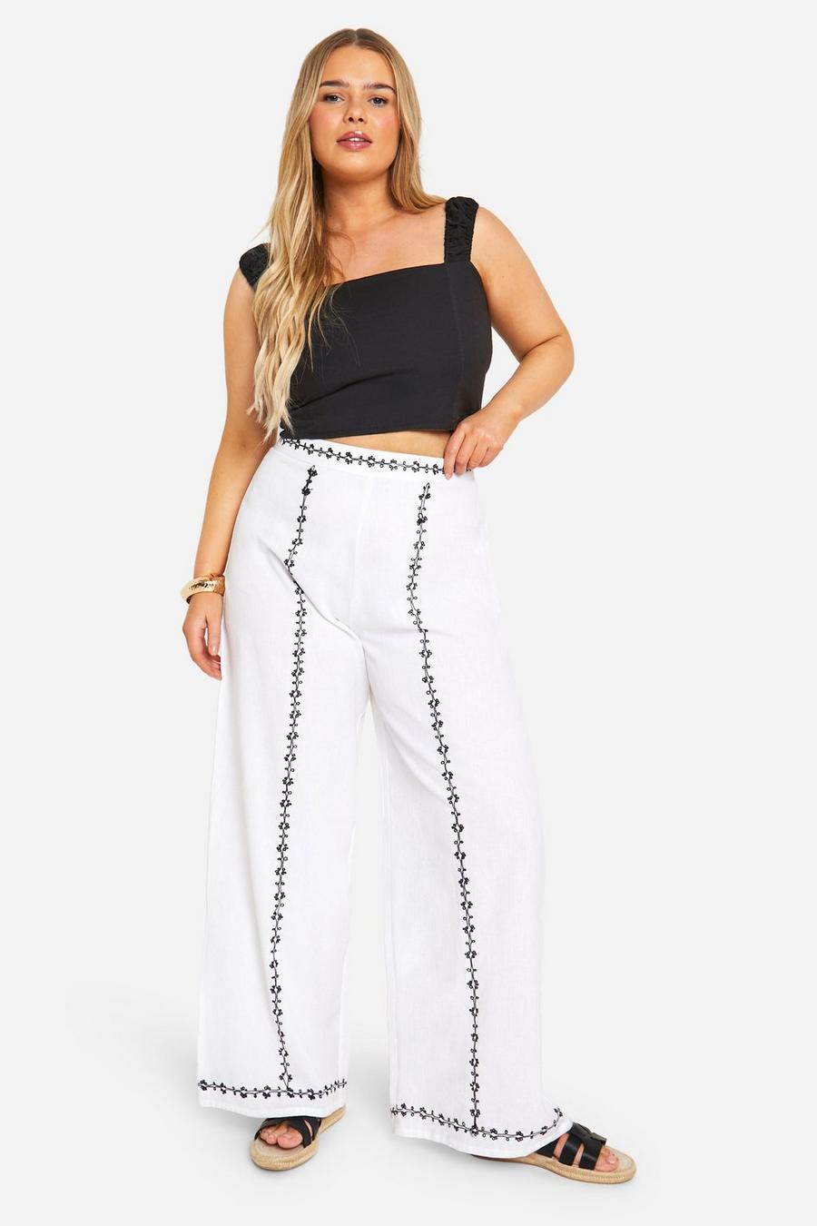 White Plus Embroidered Linen Wide Leg Pants image number 1
