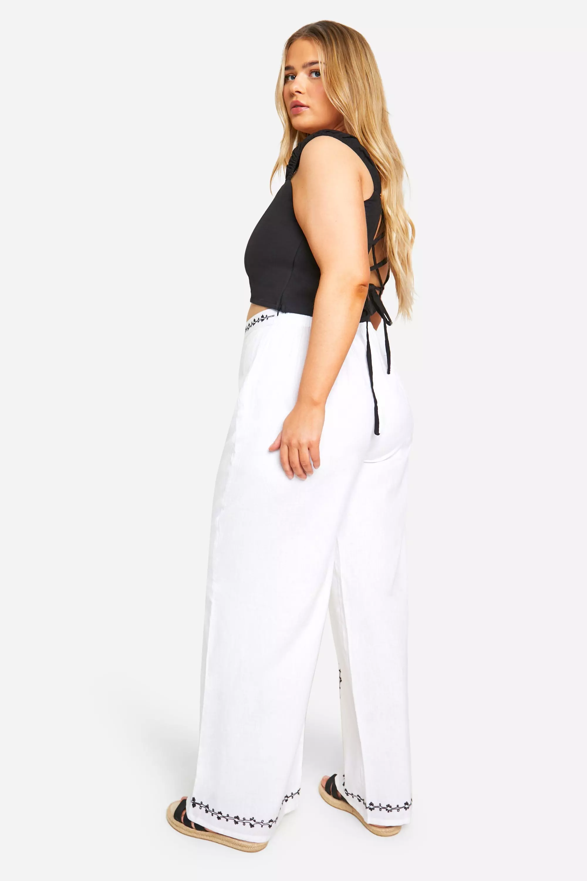 White Plus Embroidered Linen Look Wide Leg Trouser alternative image