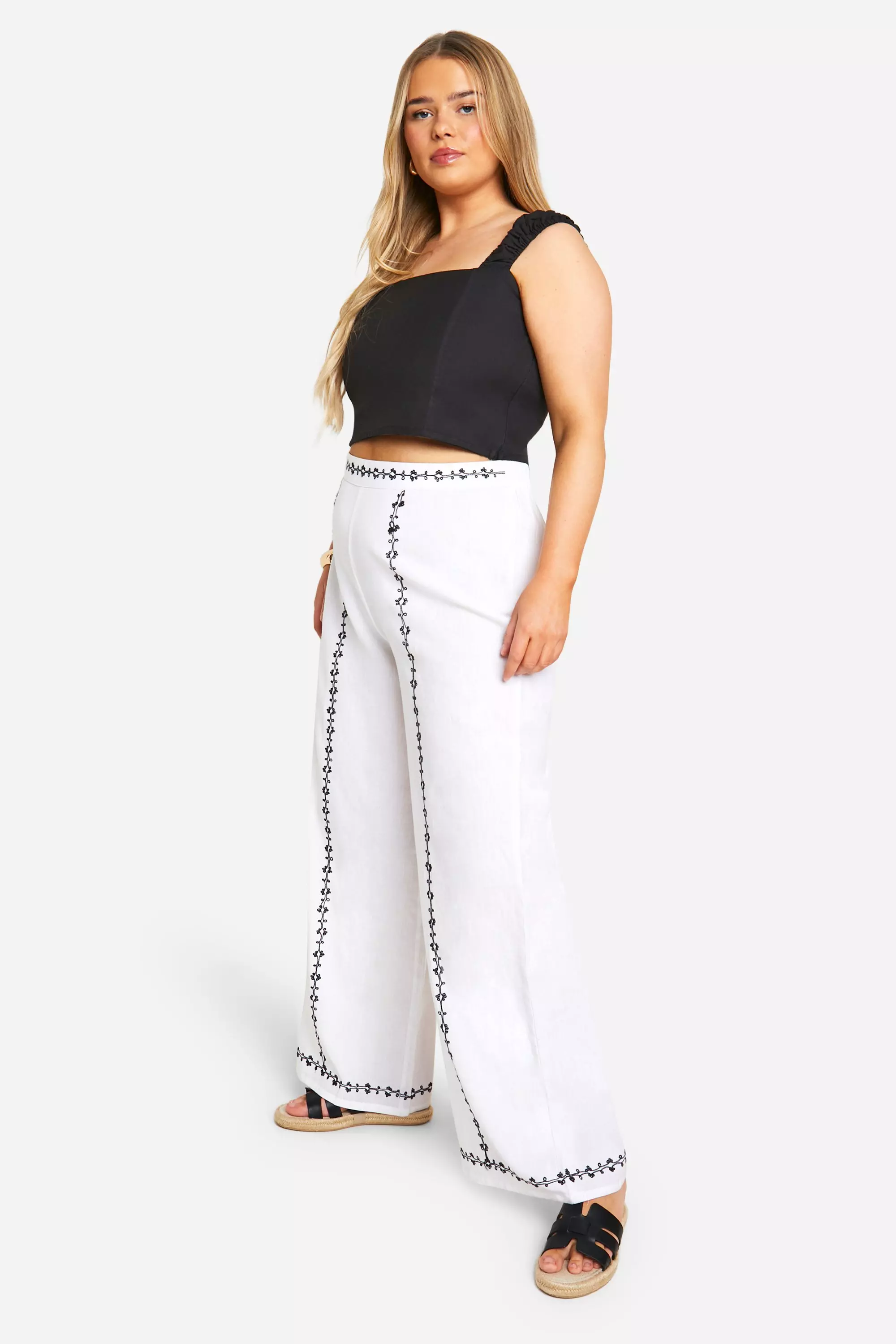 White Plus Embroidered Linen Look Wide Leg Trouser alternative image