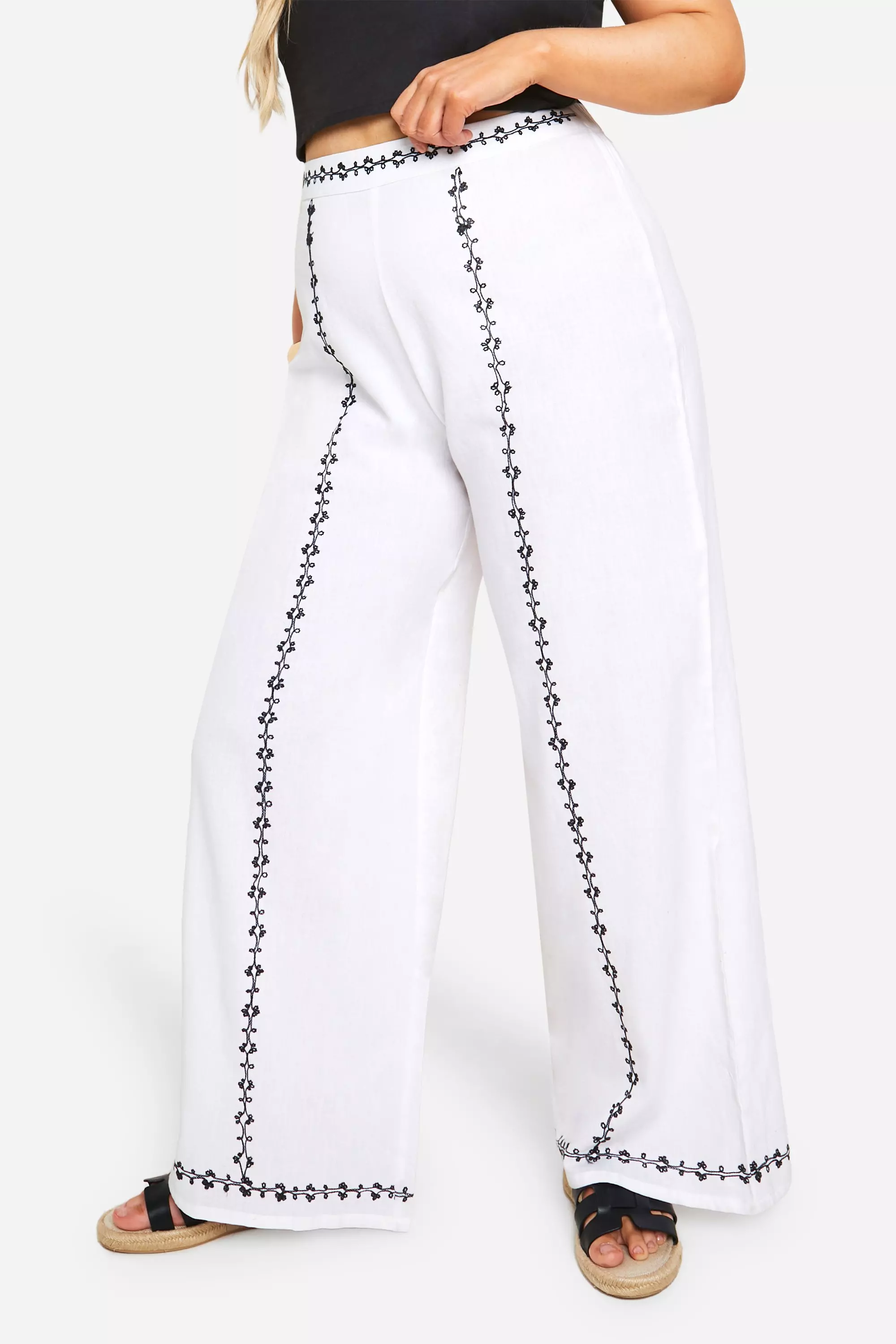 White Plus Embroidered Linen Look Wide Leg Trouser alternative image