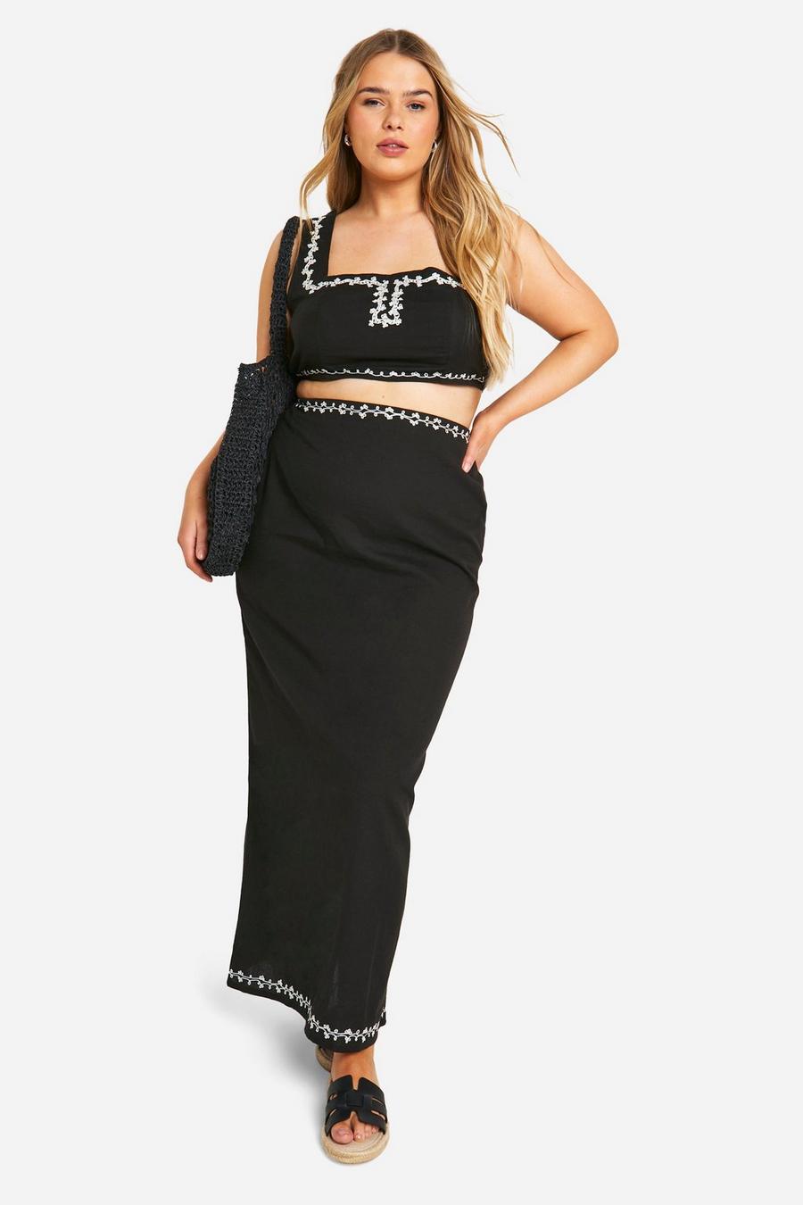 Black Plus Embroidered Linen Crop Top And Maxi Skirt Set