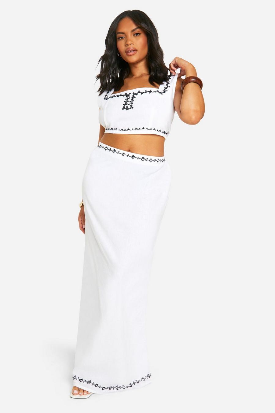 White Plus Embroidered Linen Crop Top And Maxi Skirt Set image number 1