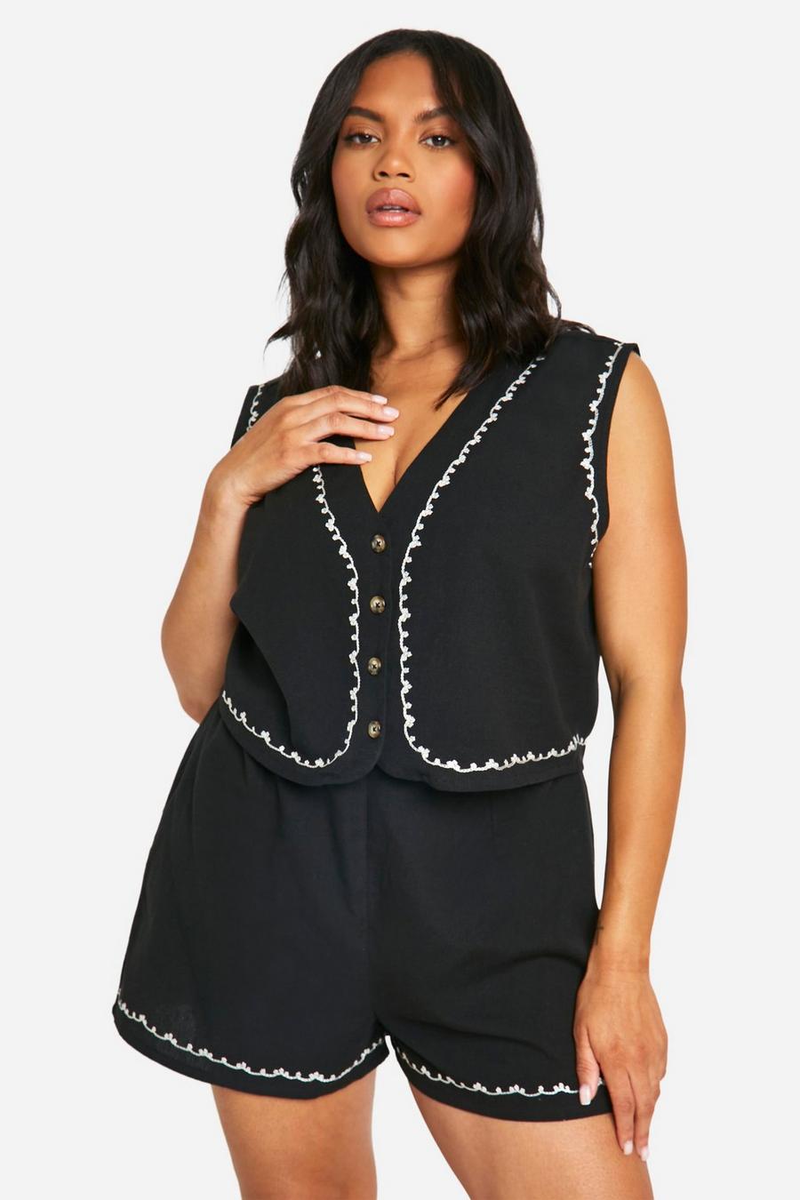 Black Plus Embroidered Linen Vest And Short Set image number 1