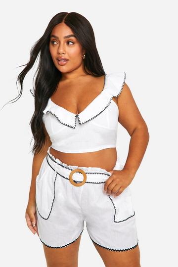 Plus Embroidered Linen Look Crop Top And Belted Short Set white