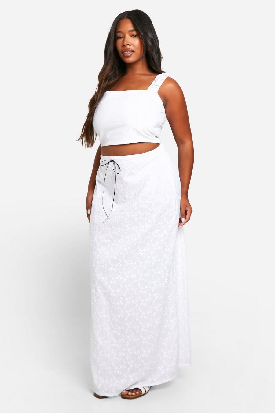 White Plus Broderie Contrast Bow Maxi Skirt  image number 1