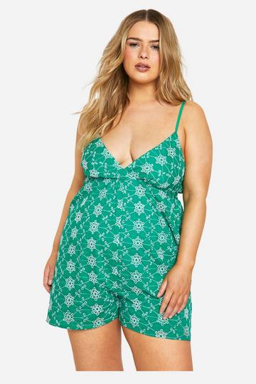 Plus Broderie Contrast Playsuit green