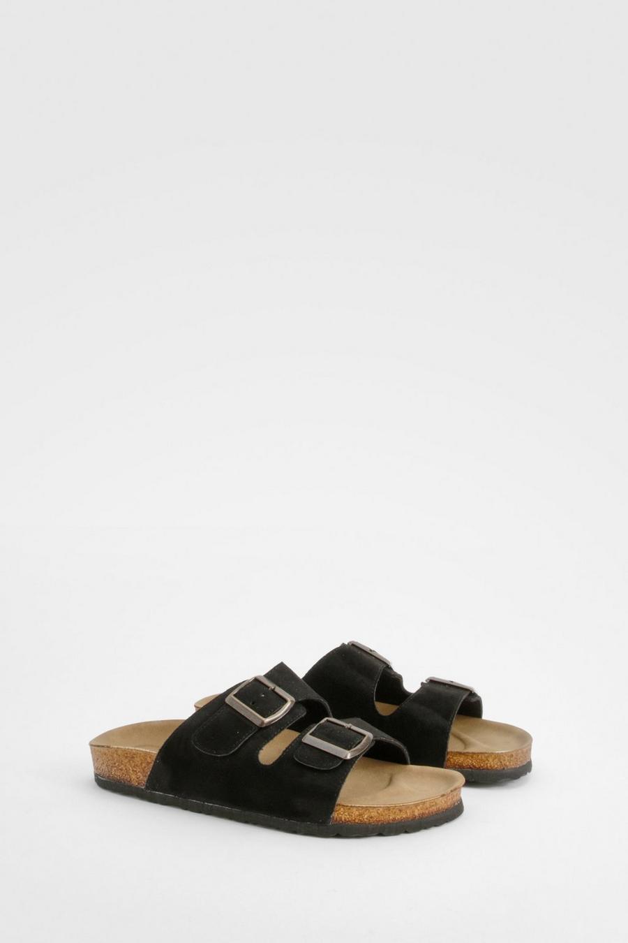 Sandalias de holgura ancha con plantilla blanda y hebilla doble, Black image number 1