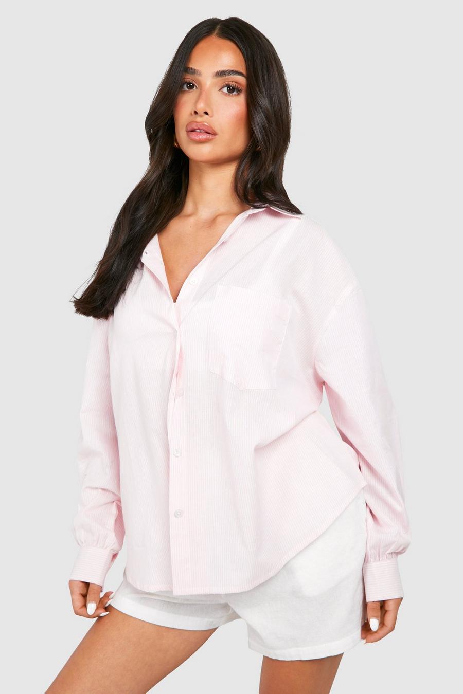 Pink Petite Oversize randig skjorta i bomull image number 1