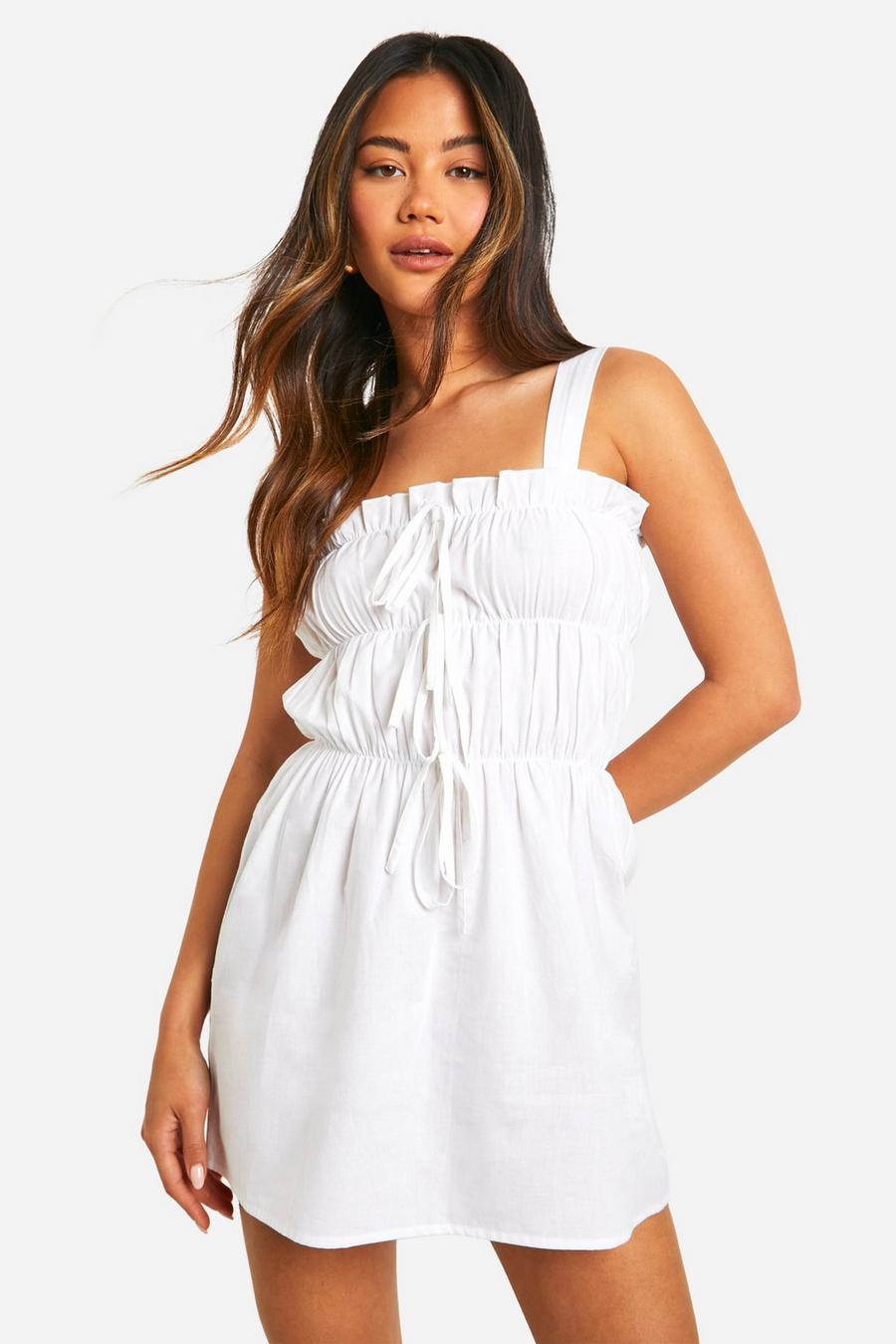 White Tie Front Shirred Poplin Dress