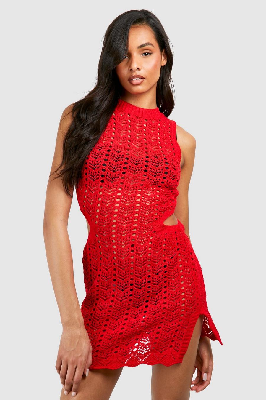 Red Tall Crochet Cut Out Detail Mini Dress image number 1