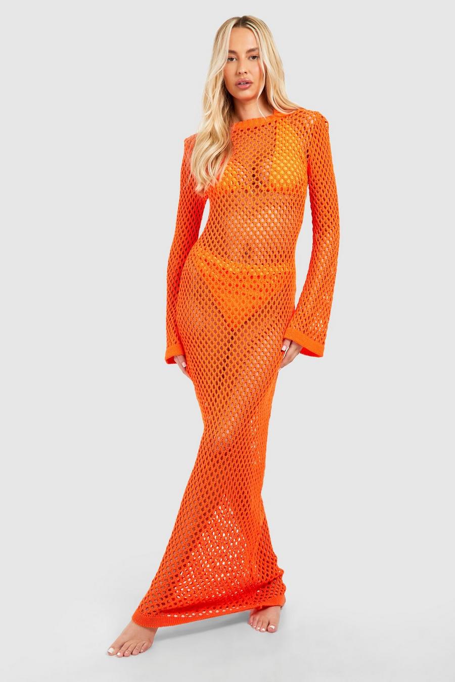 Vestido Tall maxi de croché con espalda en U, Orange image number 1