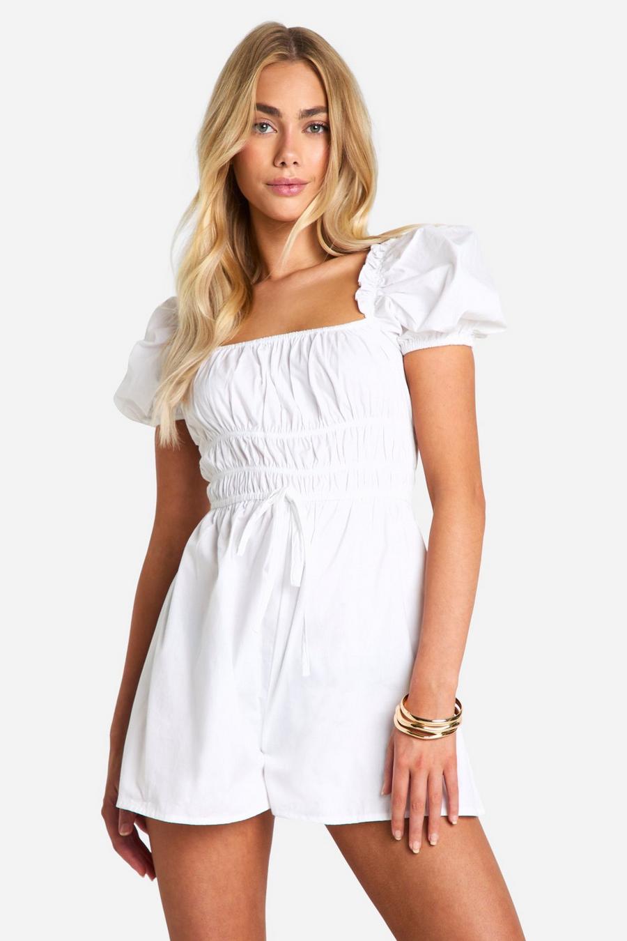 White Cotton Poplin Puff Sleeve Shirred Playsuit image number 1