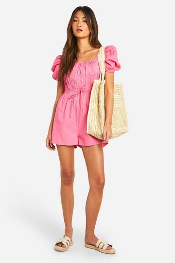 Cotton Poplin Puff Sleeve Shirred Playsuit pink