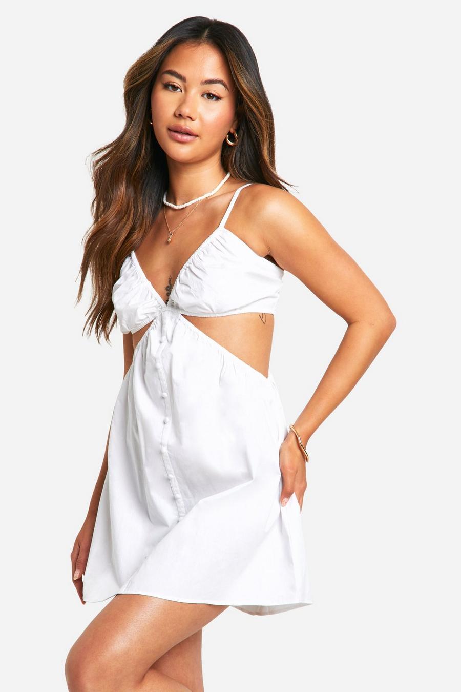 White Cotton Poplin Cut Out Smock Dress image number 1