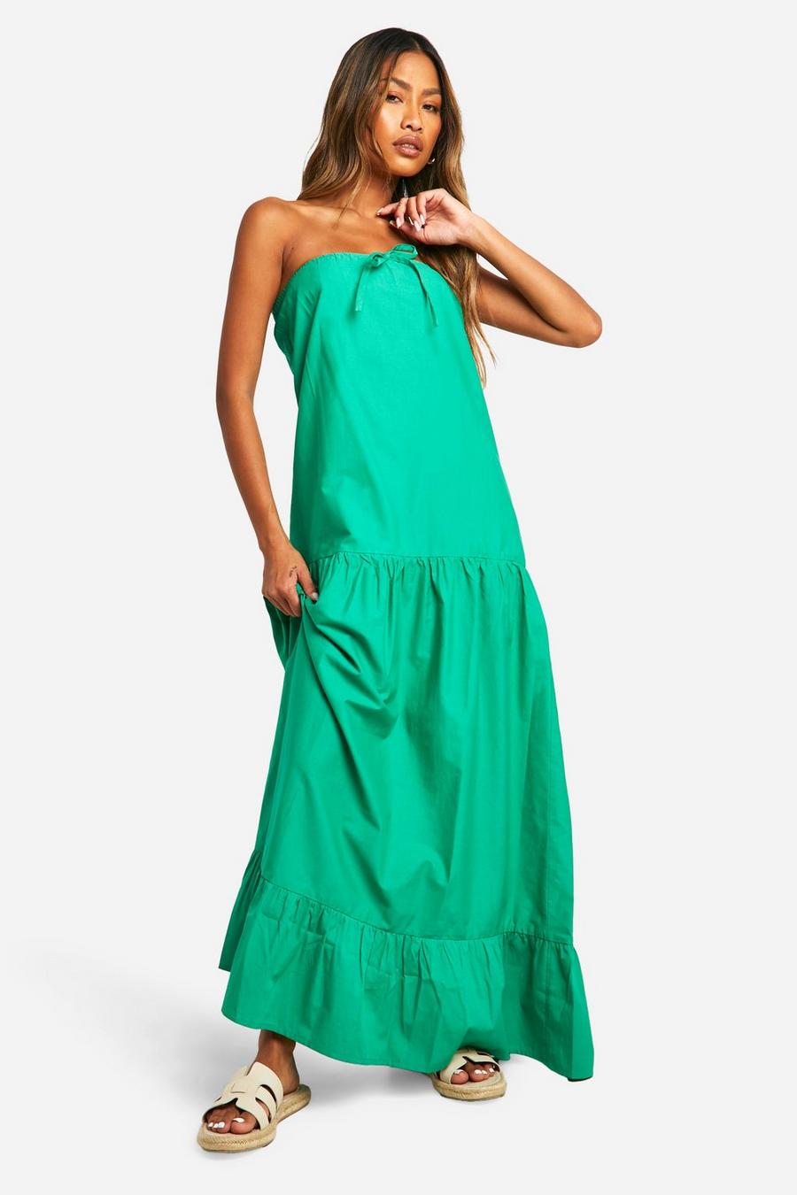 Green Cotton Poplin Bandeau Volume Maxi Dress image number 1