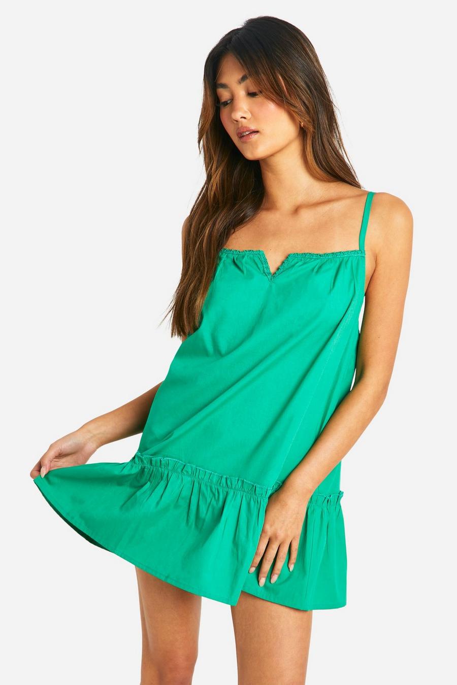 Green Cotton Poplin Ruffle Hem Dress