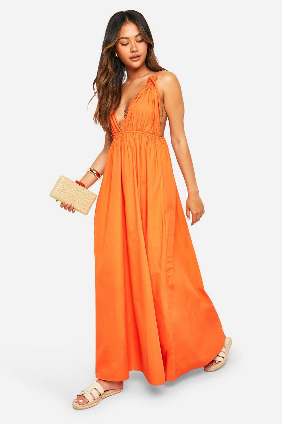 Cotton Poplin Strappy Maxi Dress, Orange