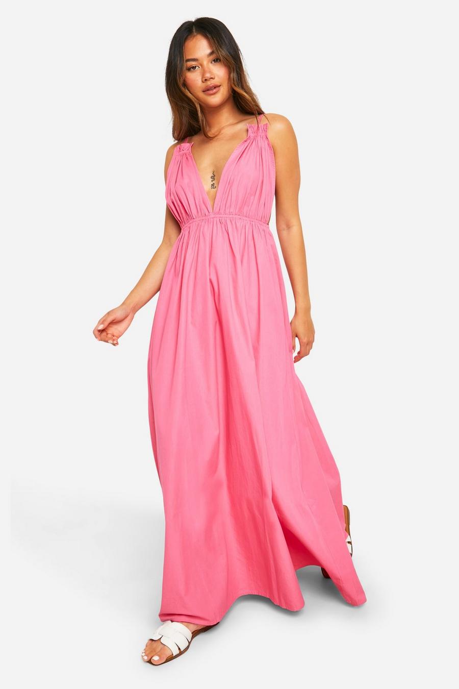 Pink Cotton Poplin Strappy Maxi Dress image number 1