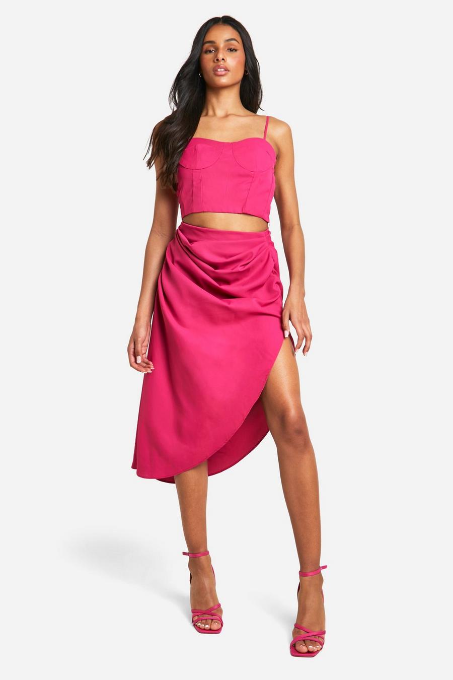 Hot pink Tall Asymmetrisk kjol med rysch image number 1