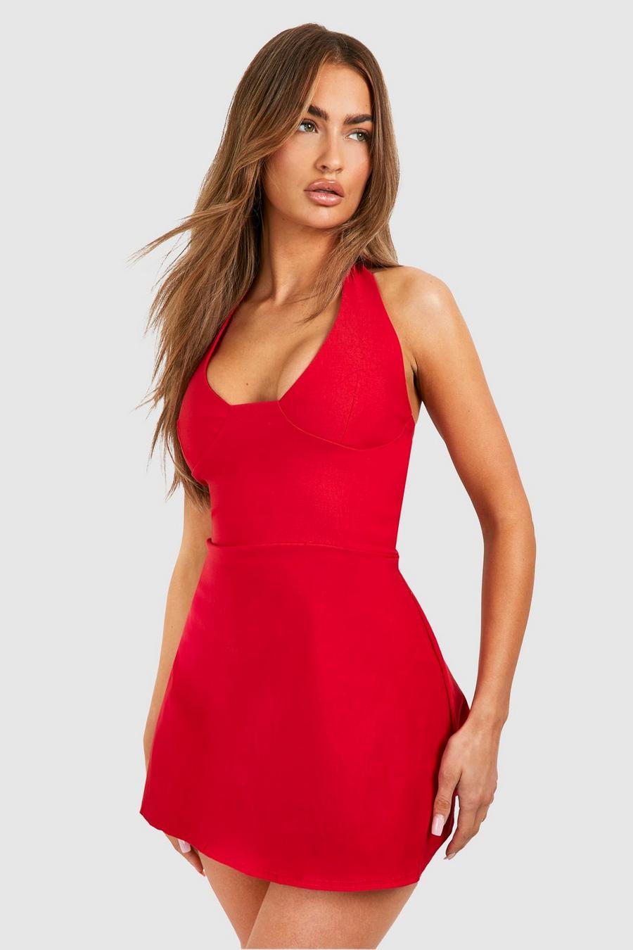 Red Bengaline Plunge A-line Mini Dress image number 1
