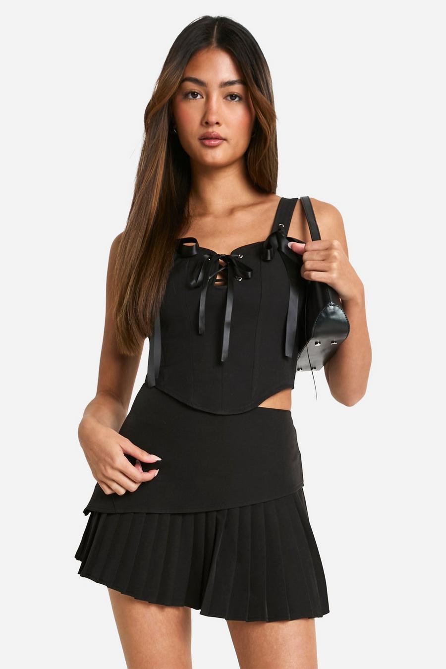 Black Woven Layered Pleated Mini Tennis Skirt   