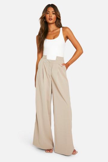 Stone Beige Symmetric Waist Band Detail Straight Leg Pants