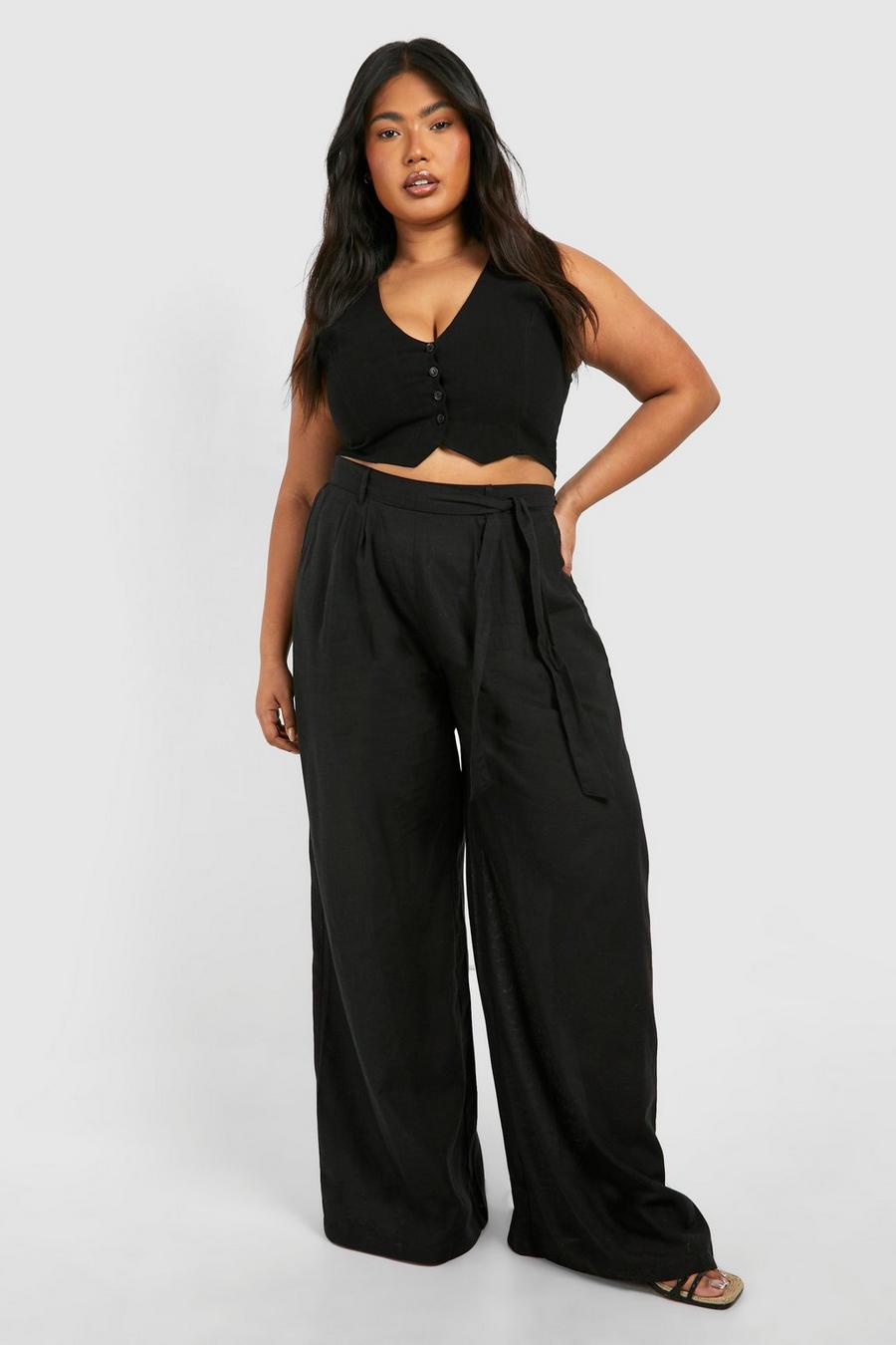 Black Plus Woven Belted Straight Leg Pants image number 1