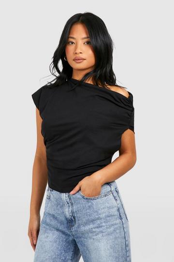 Petite Asymmetric Neck Ruched Cotton T-shirt black