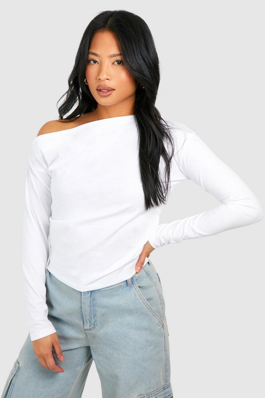 White Petite Twisted Shoulder Ruched Cotton Top image number 1