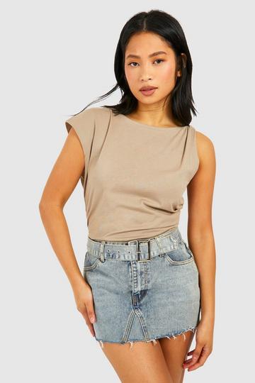 Stone Beige Petite Twisted Shoulder Ruched Cotton Top