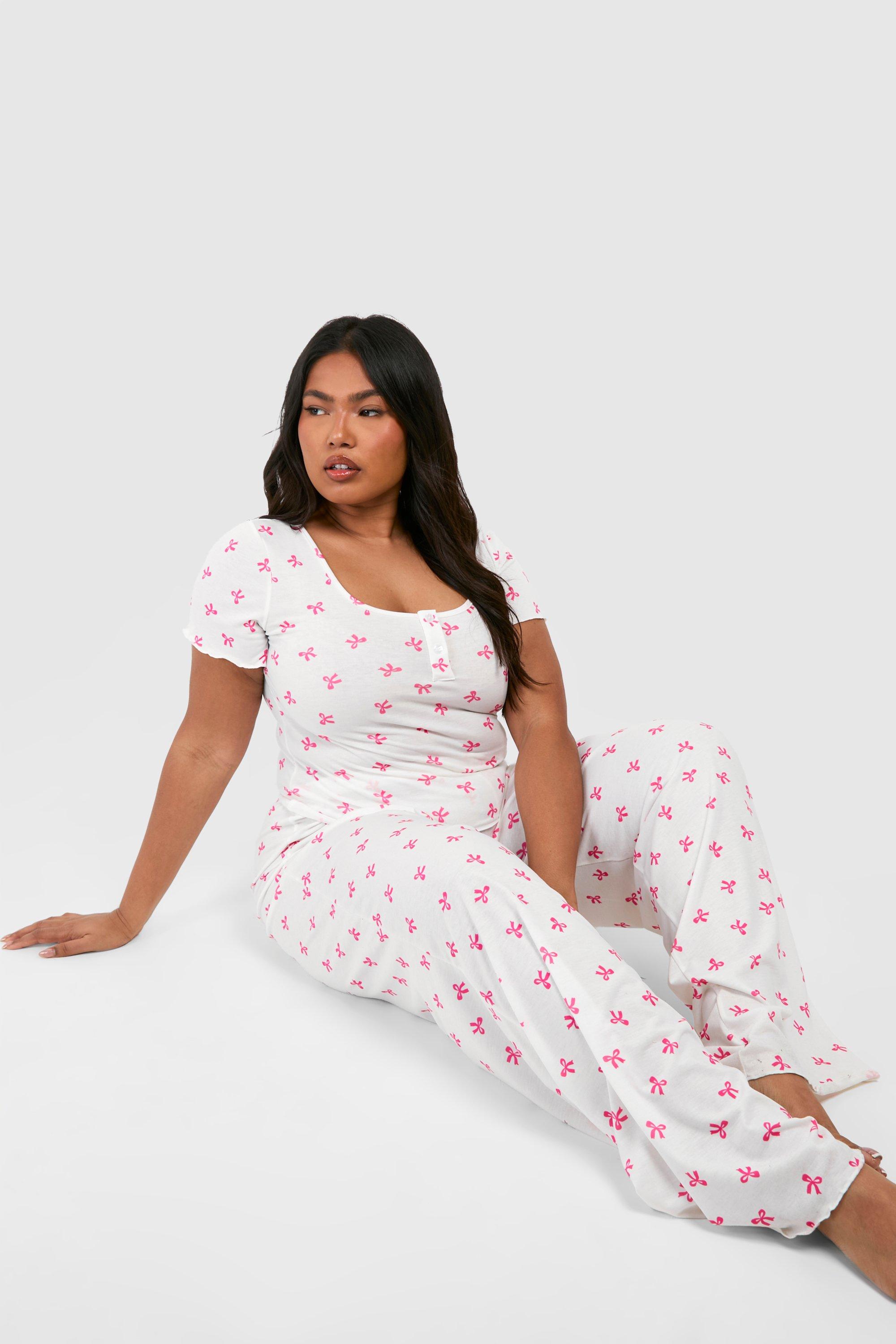 Plus Bow Print Jersey Top Trouser Pj Set