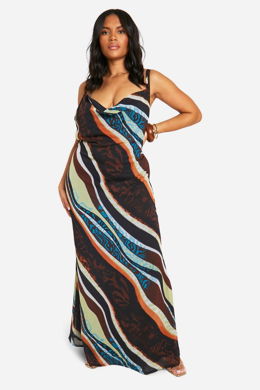 Brown Plus Abstract Chiffon Cowl Maxi Dress image number 1