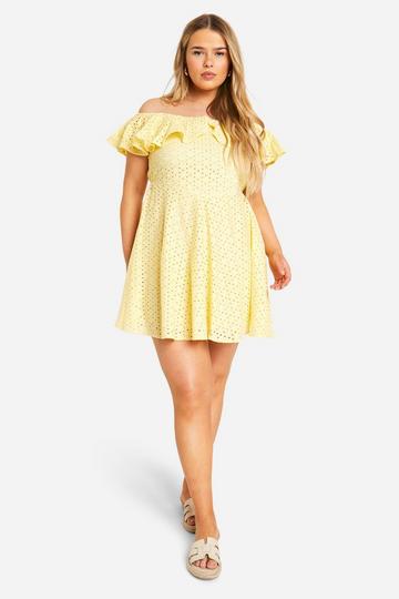 Plus Eyelet Ruffle Off Shoulder Skater Dress lemon