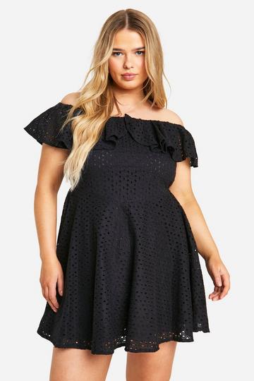 Plus Off Shoulder Broderie Skater Jurk Met Ruches black