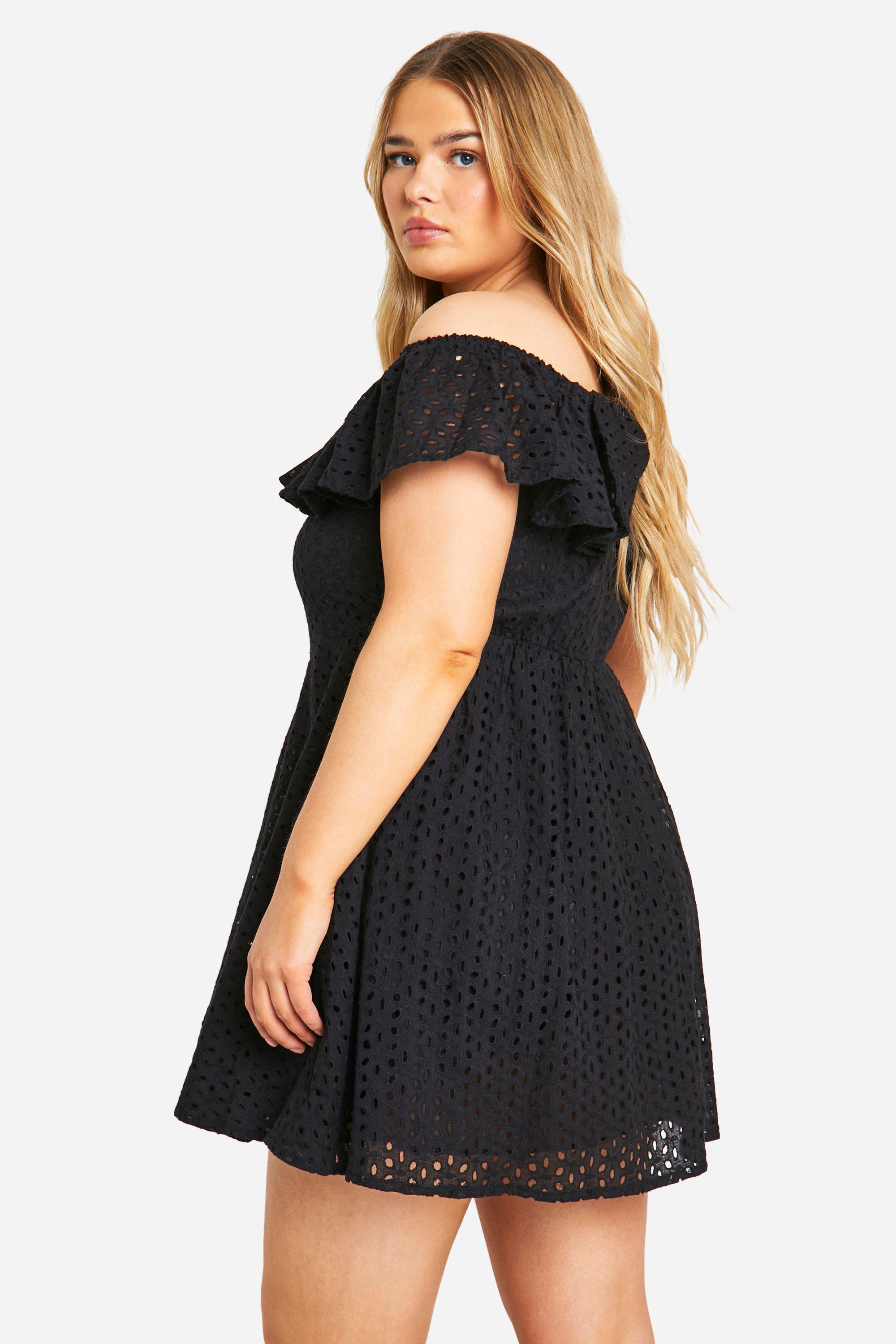 boohoo Plus Eyelet Ruffle Off Shoulder Skater Dress Black Size 24