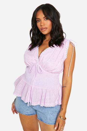 Lilac Purple Plus Broderie Shirred Wiast Peplum Top