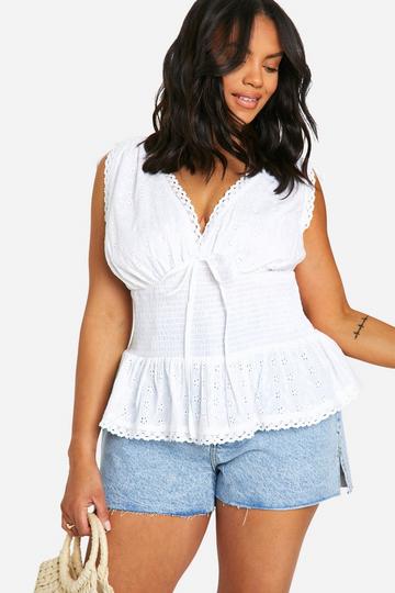 Plus Eyelet Shirred Wiast Peplum Top white