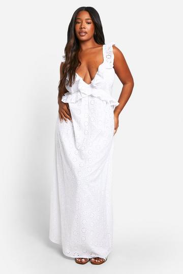 Plus Broderie Ruffle Plunge Maxi Dress white