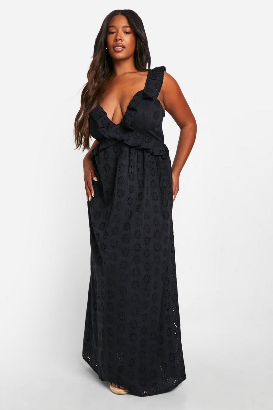 Black Plus Broderie Ruffle Plunge Maxi Dress image number 1