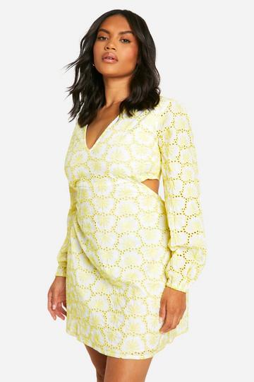 Plus Broderie Tie Back Balloon Sleeve Mini Dress lemon