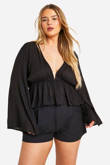 Plus Gesmokte Kaasdoek Top Met Vleermuismouwen black