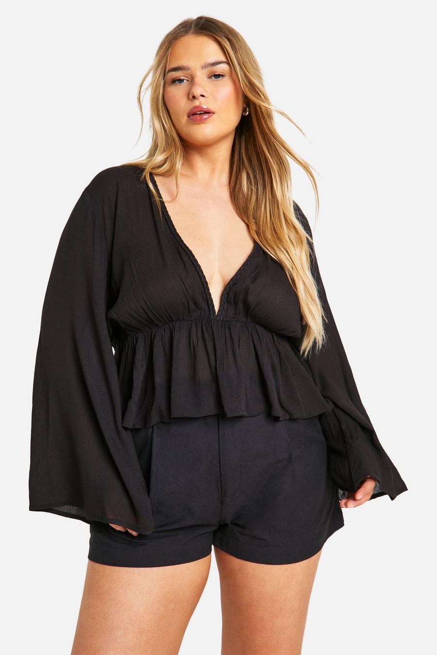 Black Plus Cheesecloth Batwing Smock Top