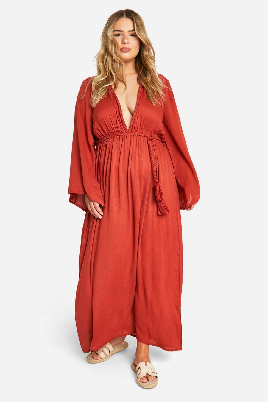 Rust Plus Cheesecloth Batwing Maxi Dress image number 1